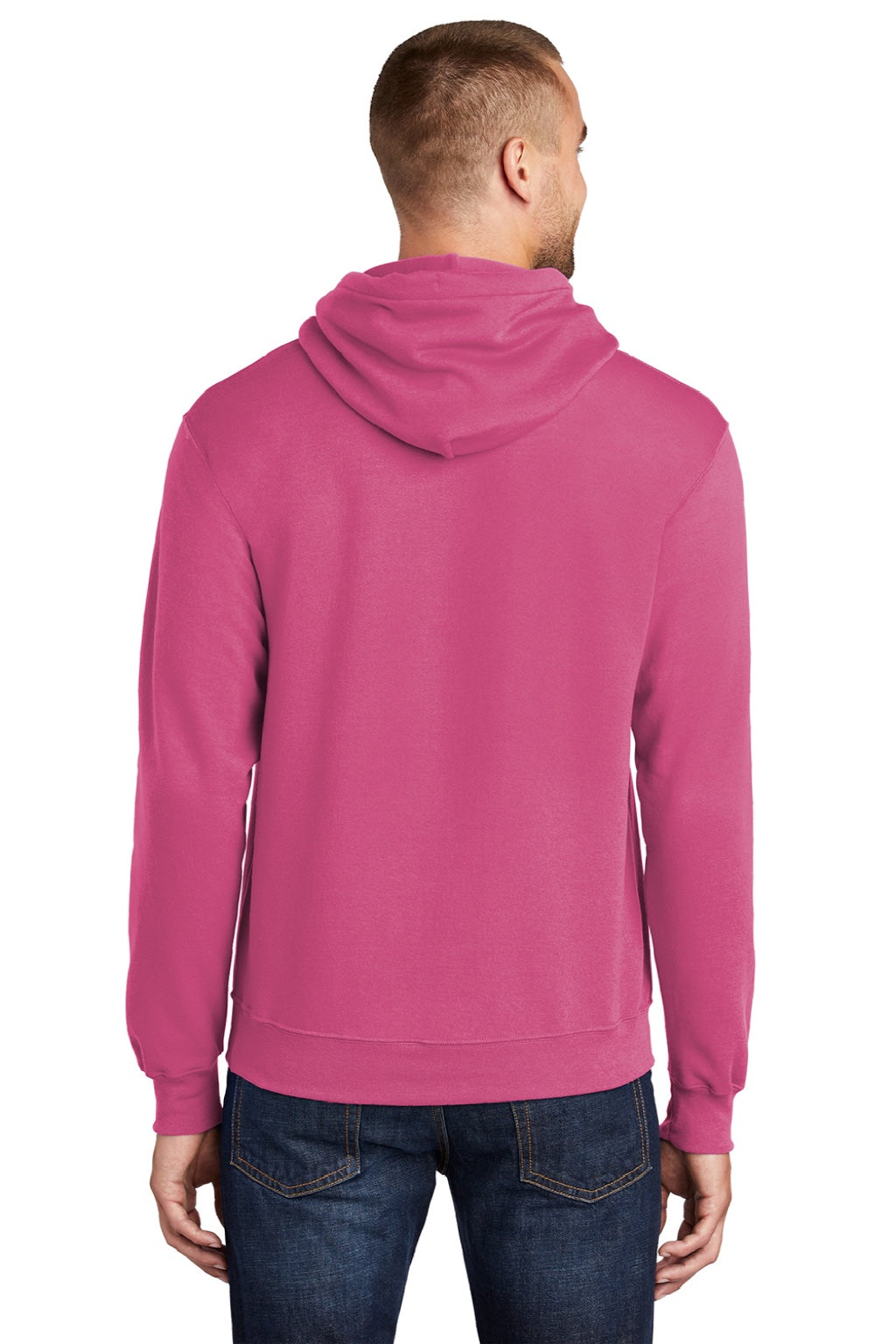 Port & Company PC78H/PC78HT Mens Core Pill Resistant Fleece Hooded Sweatshirt Hoodie w/ Pouch Pocket Sangria Pink Model Back