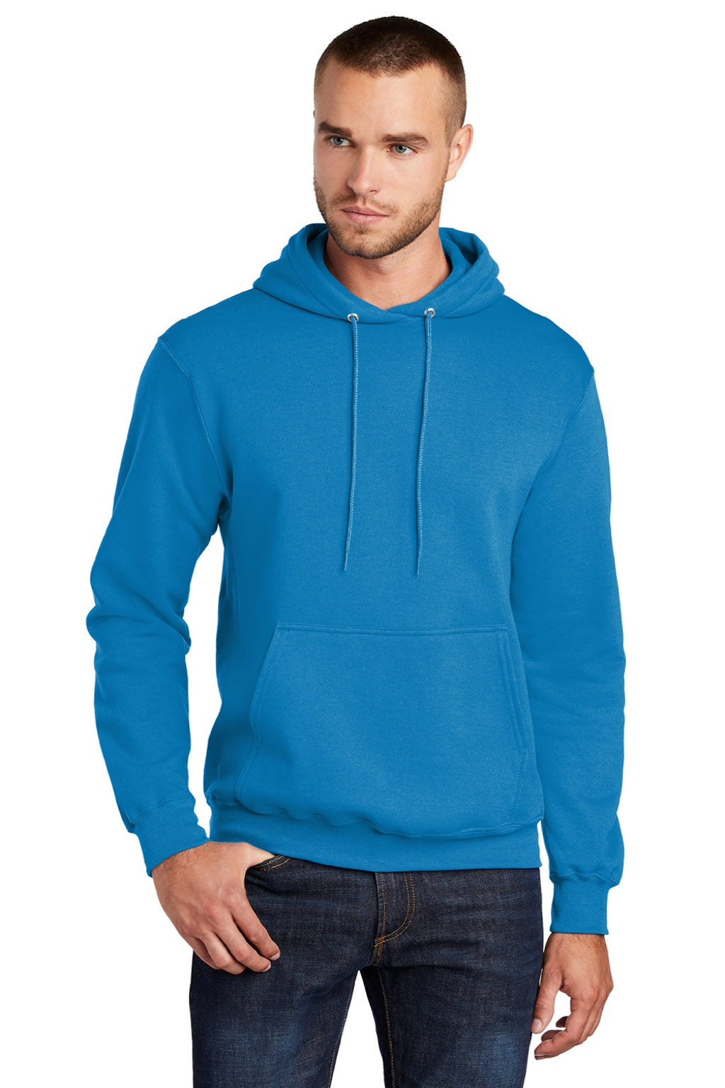 Port & Company PC78H/PC78HT Mens Core Pill Resistant Fleece Hooded Sweatshirt Hoodie w/ Pouch Pocket Sapphire Blue Model Front