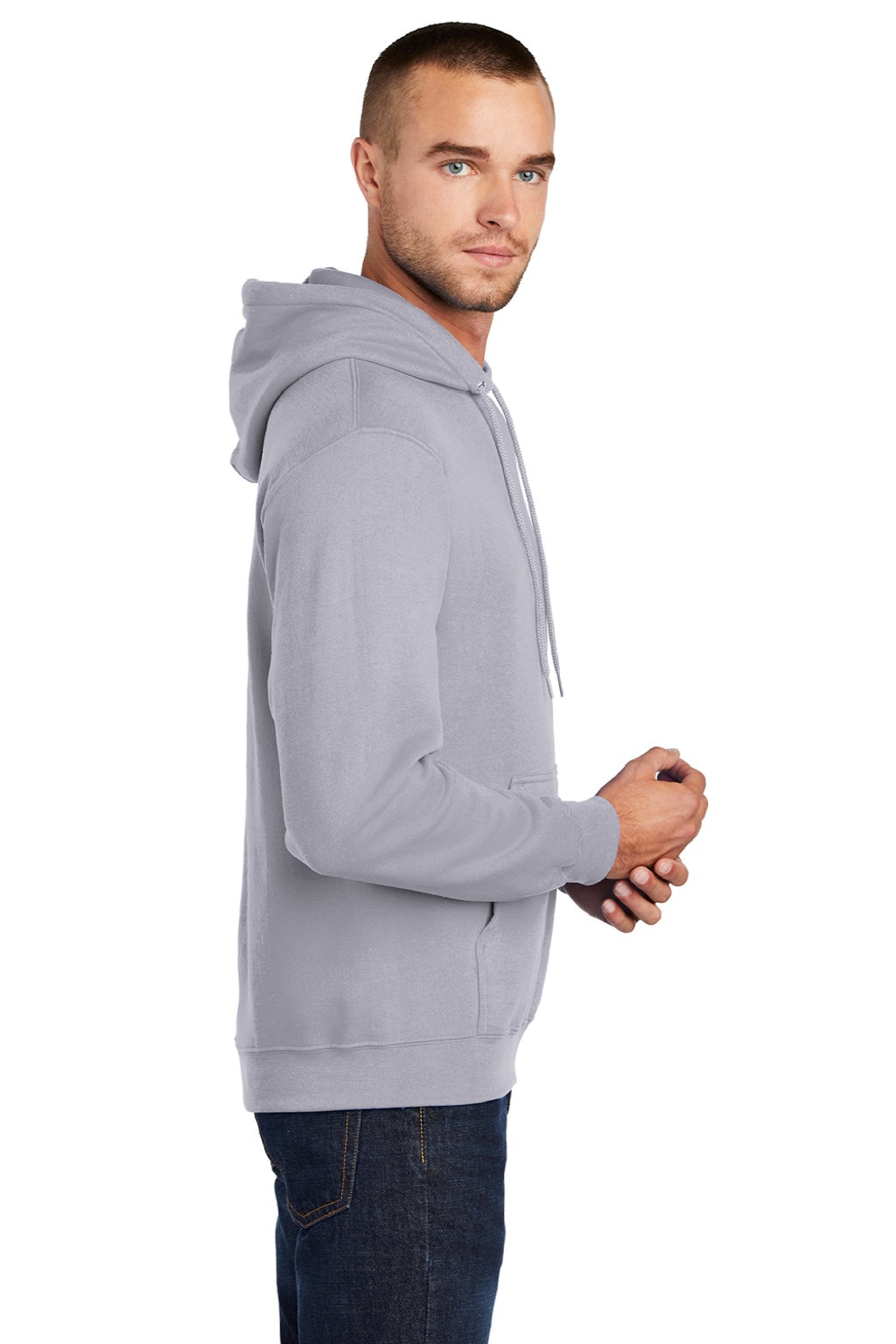 Port & Company PC78H/PC78HT Mens Core Pill Resistant Fleece Hooded Sweatshirt Hoodie w/ Pouch Pocket Silver Grey Model Side