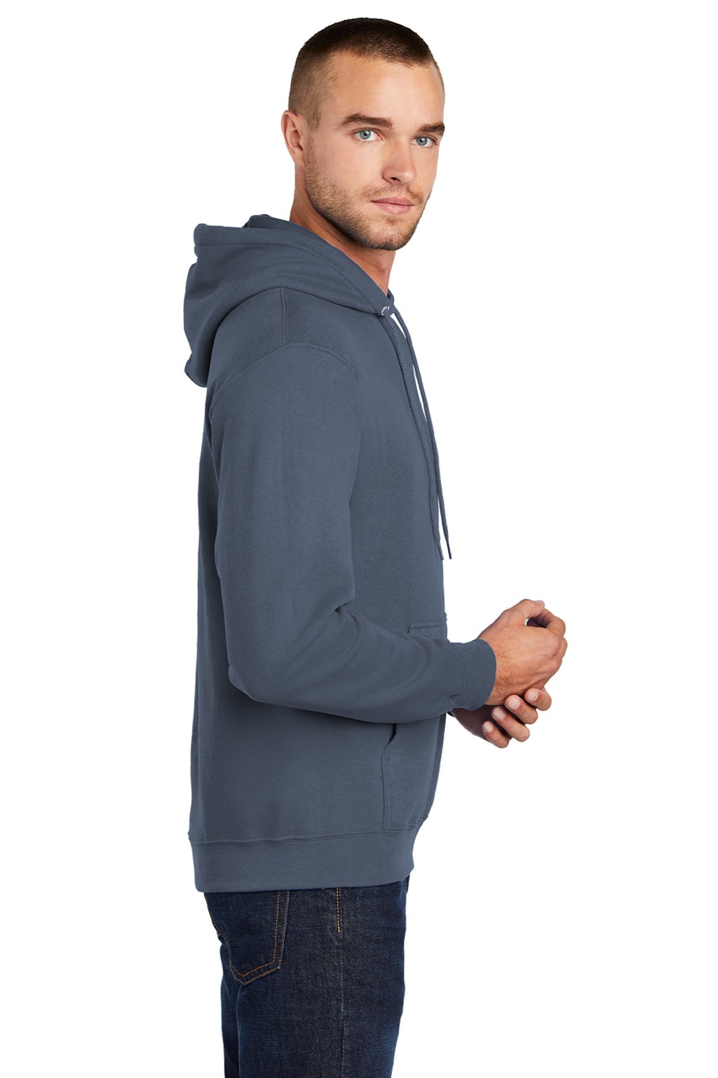 Port & Company PC78H/PC78HT Mens Core Pill Resistant Fleece Hooded Sweatshirt Hoodie w/ Pouch Pocket Steel Blue Model Side