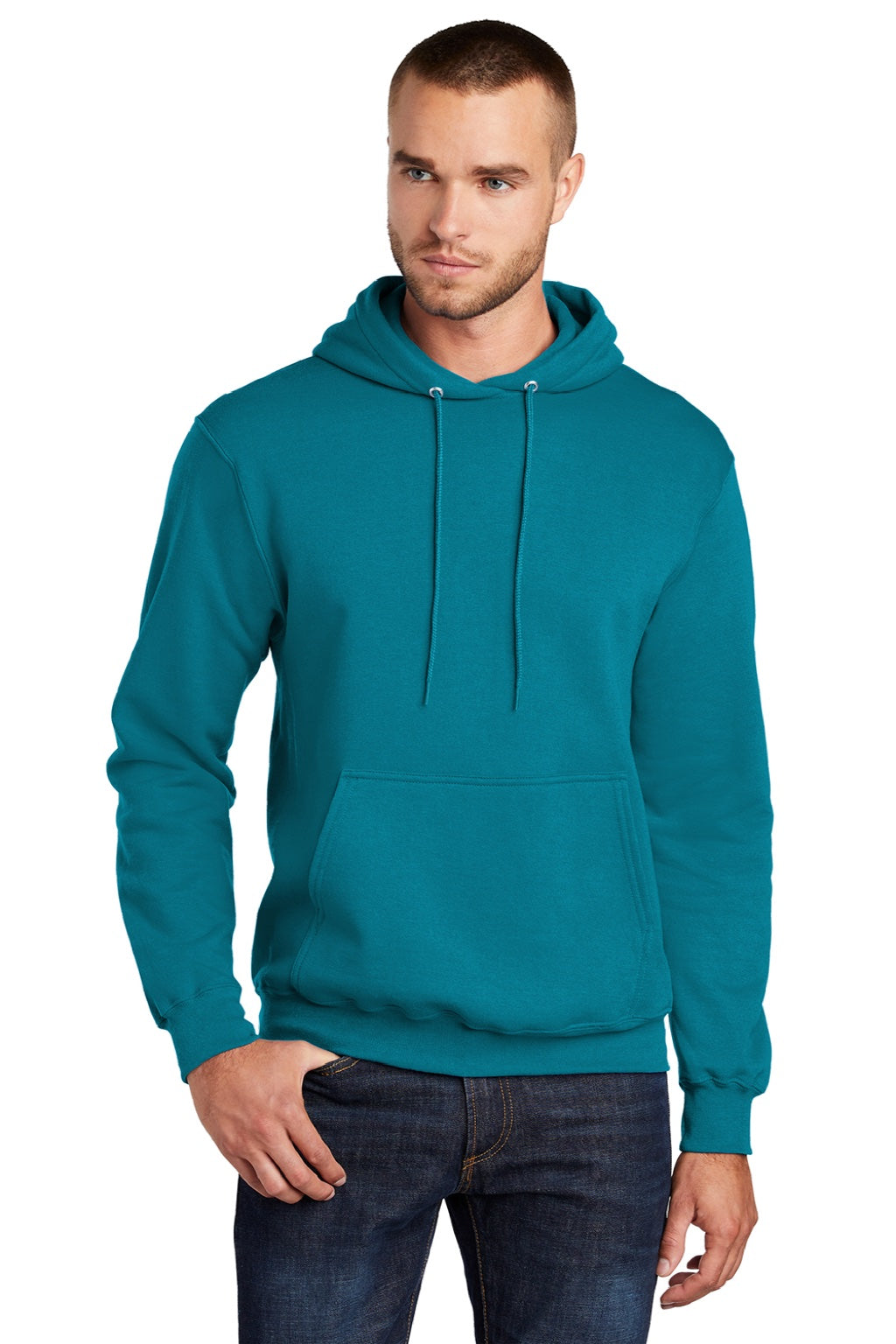 Port & Company PC78H/PC78HT Mens Core Pill Resistant Fleece Hooded Sweatshirt Hoodie w/ Pouch Pocket Teal Green Model Front