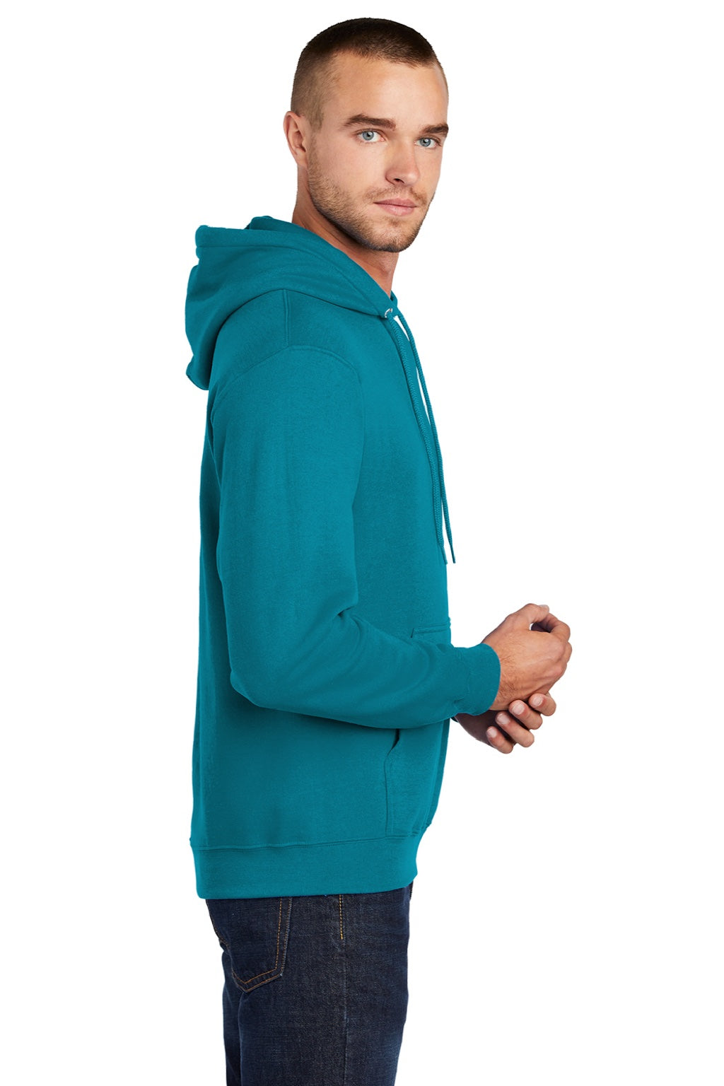 Port & Company PC78H/PC78HT Mens Core Pill Resistant Fleece Hooded Sweatshirt Hoodie w/ Pouch Pocket Teal Green Model Side