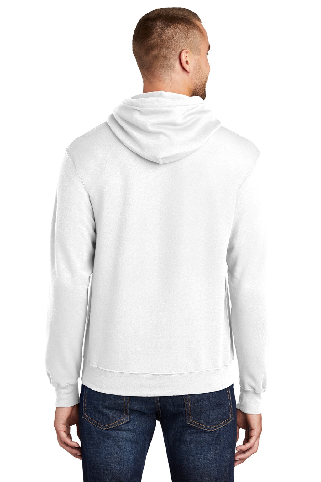 Port & Company PC78H/PC78HT Mens Core Pill Resistant Fleece Hooded Sweatshirt Hoodie w/ Pouch Pocket White Model Back