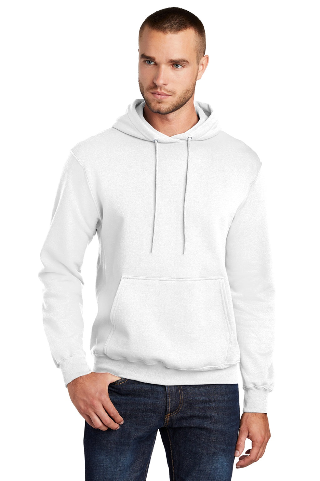 Port & Company PC78H/PC78HT Mens Core Pill Resistant Fleece Hooded Sweatshirt Hoodie w/ Pouch Pocket White Model Front
