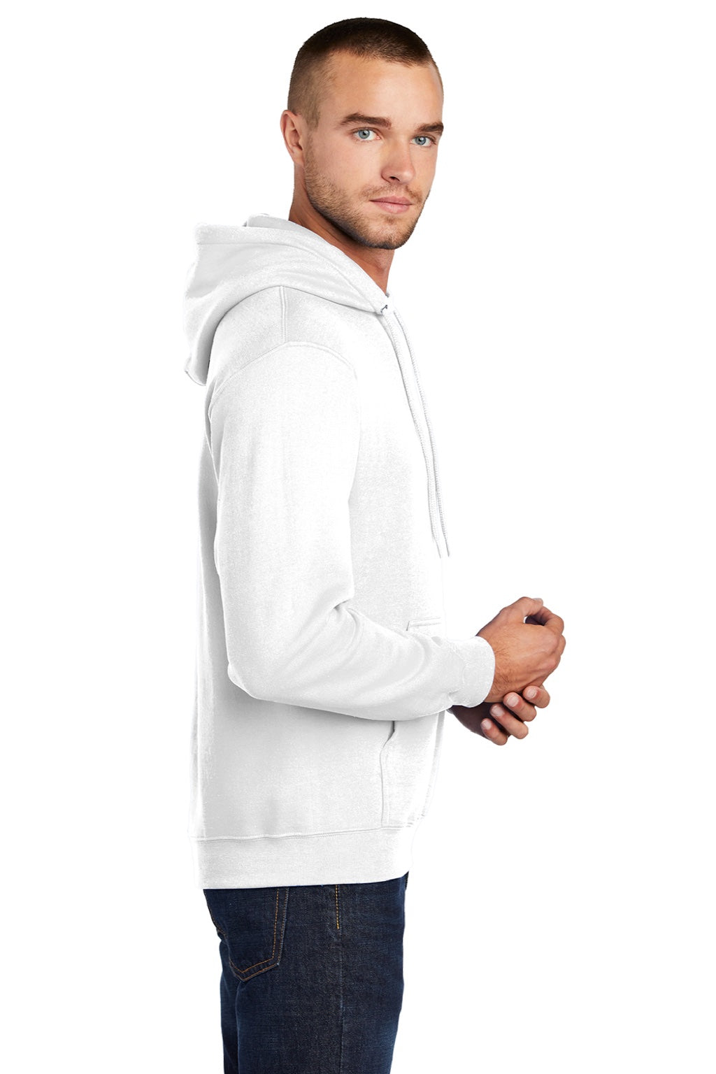 Port & Company PC78H/PC78HT Mens Core Pill Resistant Fleece Hooded Sweatshirt Hoodie w/ Pouch Pocket White Model Side