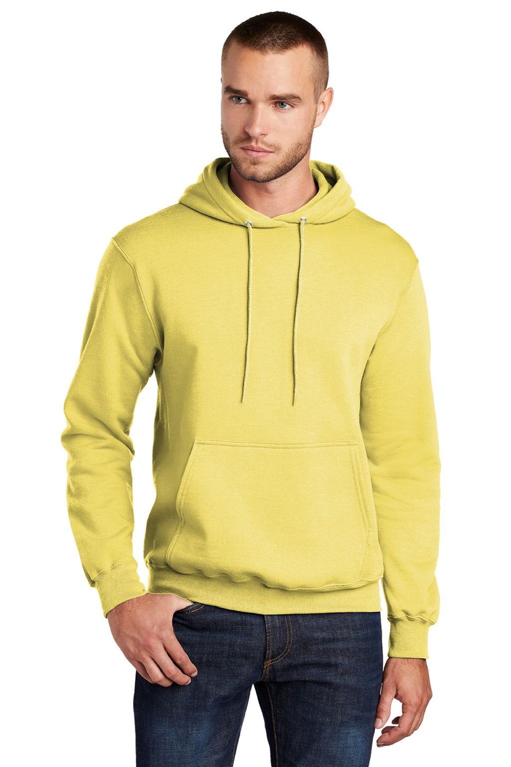 Port & Company PC78H/PC78HT Mens Core Pill Resistant Fleece Hooded Sweatshirt Hoodie w/ Pouch Pocket Yellow Model Front