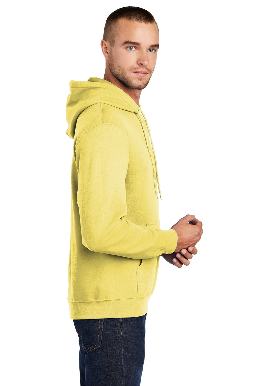 Port & Company PC78H/PC78HT Mens Core Pill Resistant Fleece Hooded Sweatshirt Hoodie w/ Pouch Pocket Yellow Model Side