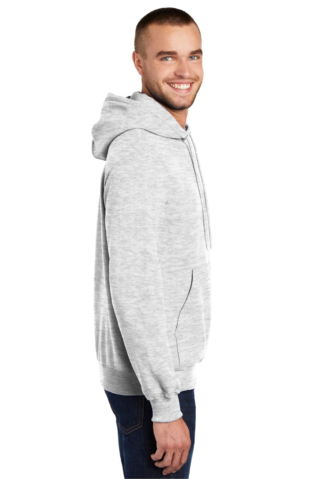 Port & Company PC90H/PC90HT Mens Essential Pill Resistant Fleece Hooded Sweatshirt Hoodie w/ Pouch Pocket Ash Grey Model Side