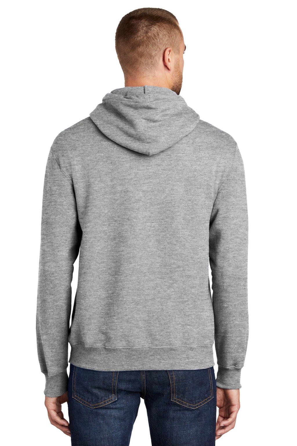 Port & Company PC90H/PC90HT Mens Essential Pill Resistant Fleece Hooded Sweatshirt Hoodie w/ Pouch Pocket Heather Grey Model Back