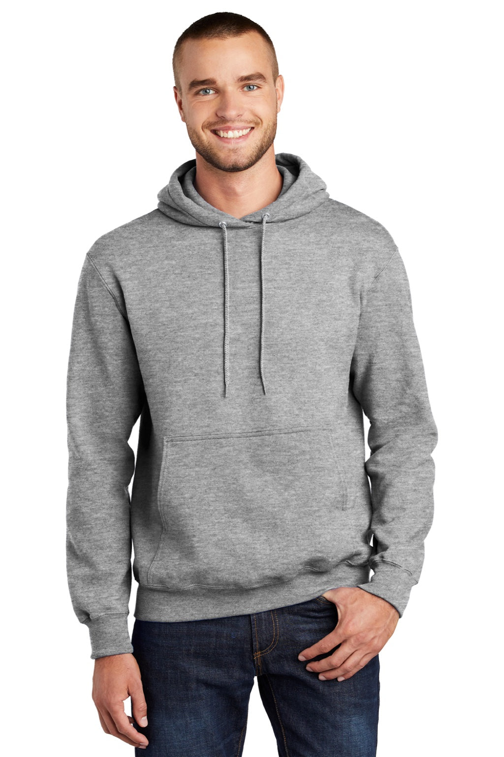 Port & Company PC90H/PC90HT Mens Essential Pill Resistant Fleece Hooded Sweatshirt Hoodie w/ Pouch Pocket Heather Grey Model Front