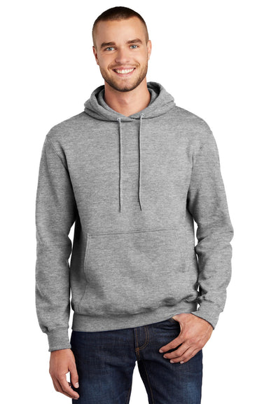 Port & Company PC90H/PC90HT Mens Essential Pill Resistant Fleece Hooded Sweatshirt Hoodie w/ Pouch Pocket Heather Grey Model Front