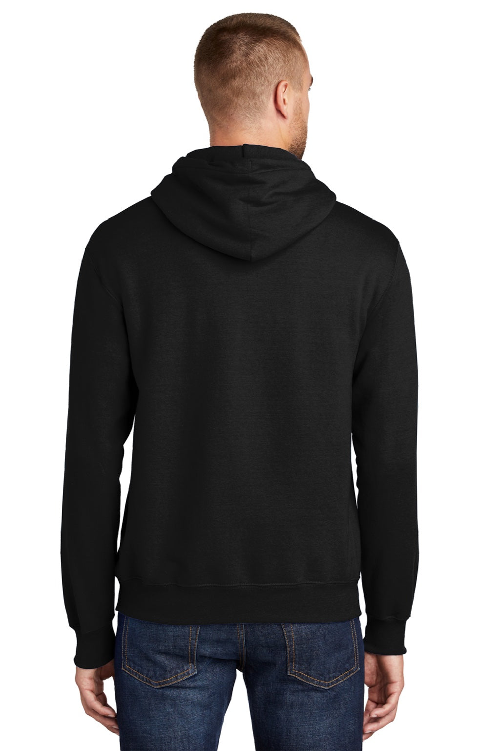 Port & Company PC90H/PC90HT Mens Essential Pill Resistant Fleece Hooded Sweatshirt Hoodie w/ Pouch Pocket Jet Black Model Back