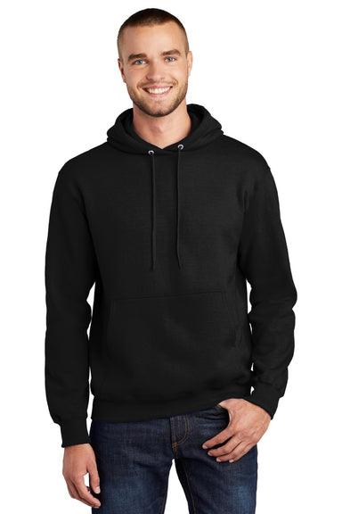 Port & Company PC90H/PC90HT Mens Essential Pill Resistant Fleece Hooded Sweatshirt Hoodie w/ Pouch Pocket Jet Black Model Front