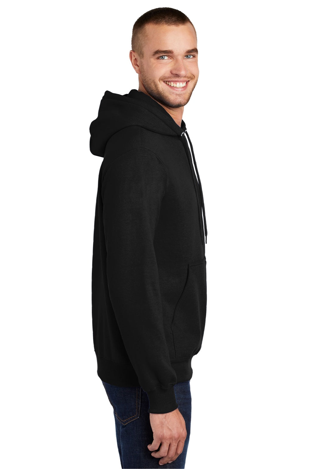 Port & Company PC90H/PC90HT Mens Essential Pill Resistant Fleece Hooded Sweatshirt Hoodie w/ Pouch Pocket Jet Black Model Side