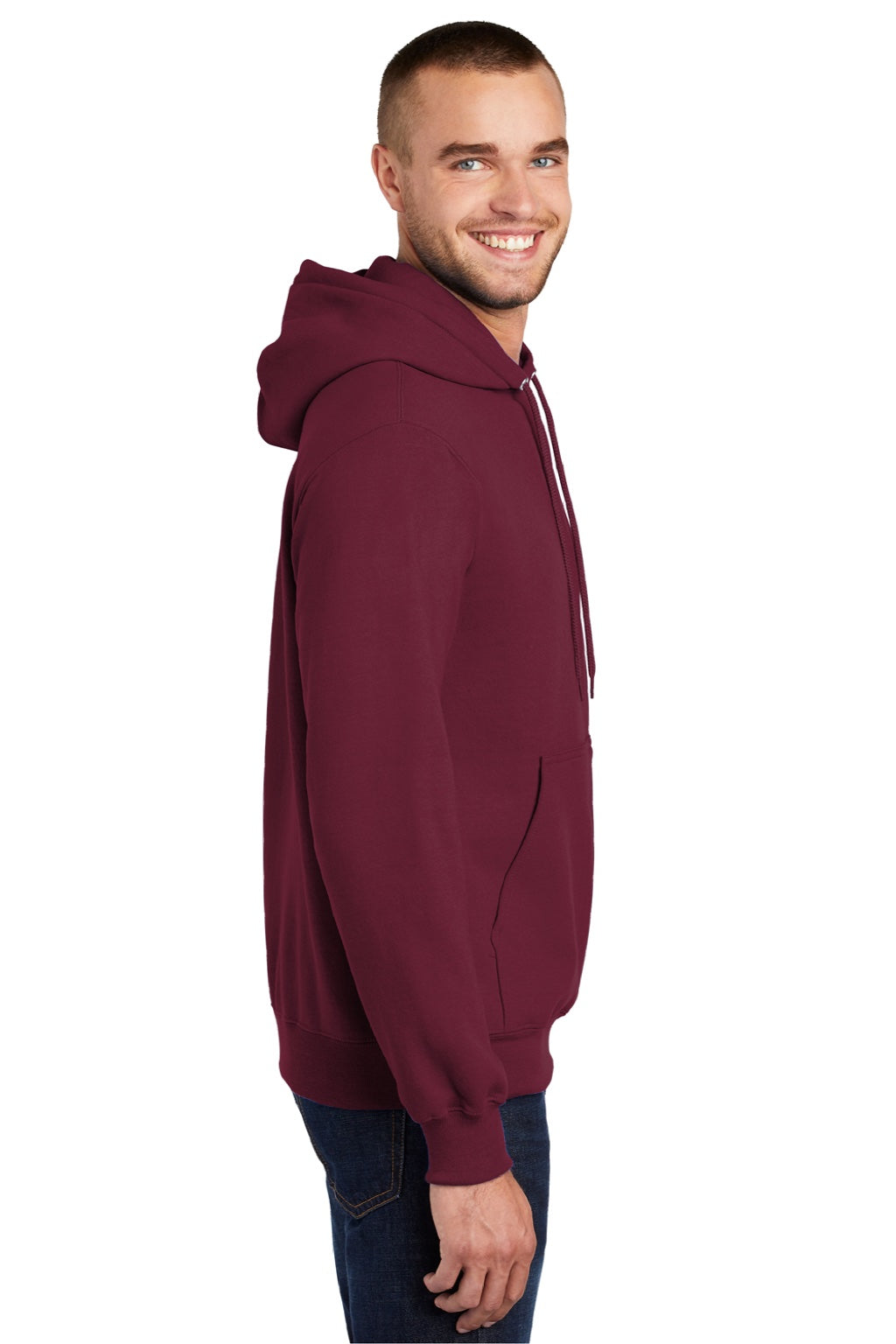 Port & Company PC90H/PC90HT Mens Essential Pill Resistant Fleece Hooded Sweatshirt Hoodie w/ Pouch Pocket Cardinal Red Model Side