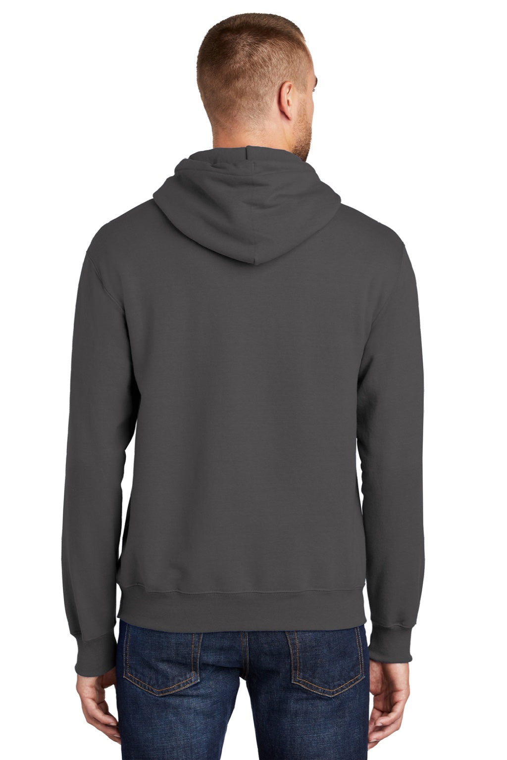 Port & Company PC90H/PC90HT Mens Essential Pill Resistant Fleece Hooded Sweatshirt Hoodie w/ Pouch Pocket Charcoal Grey Model Back