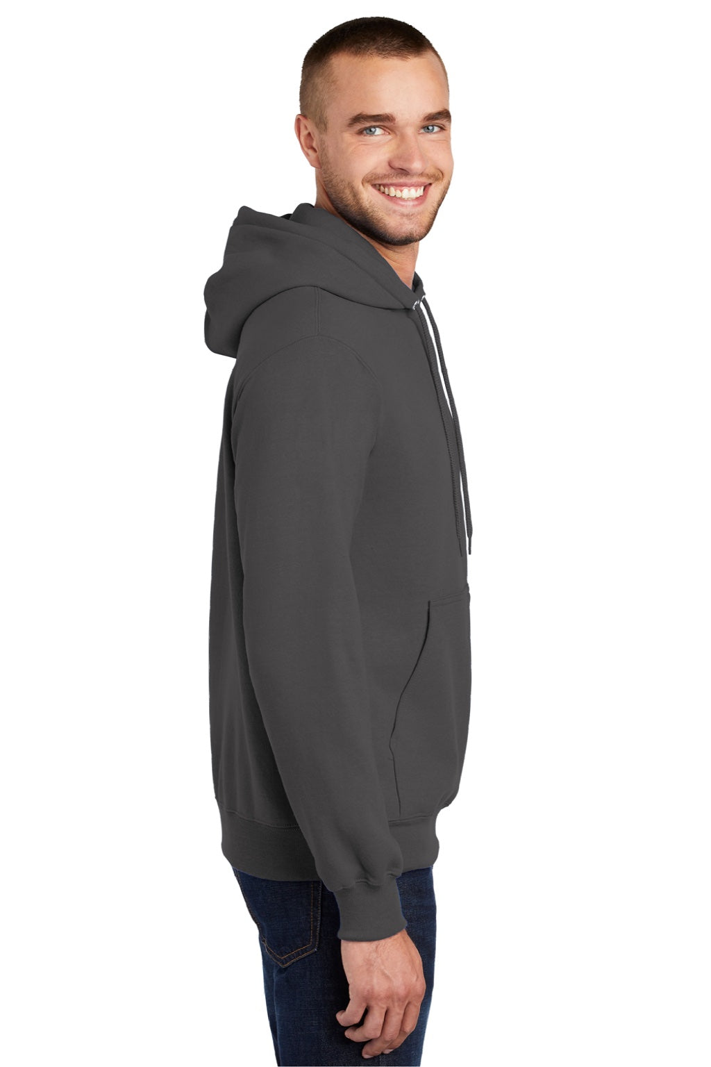 Port & Company PC90H/PC90HT Mens Essential Pill Resistant Fleece Hooded Sweatshirt Hoodie w/ Pouch Pocket Charcoal Grey Model Side