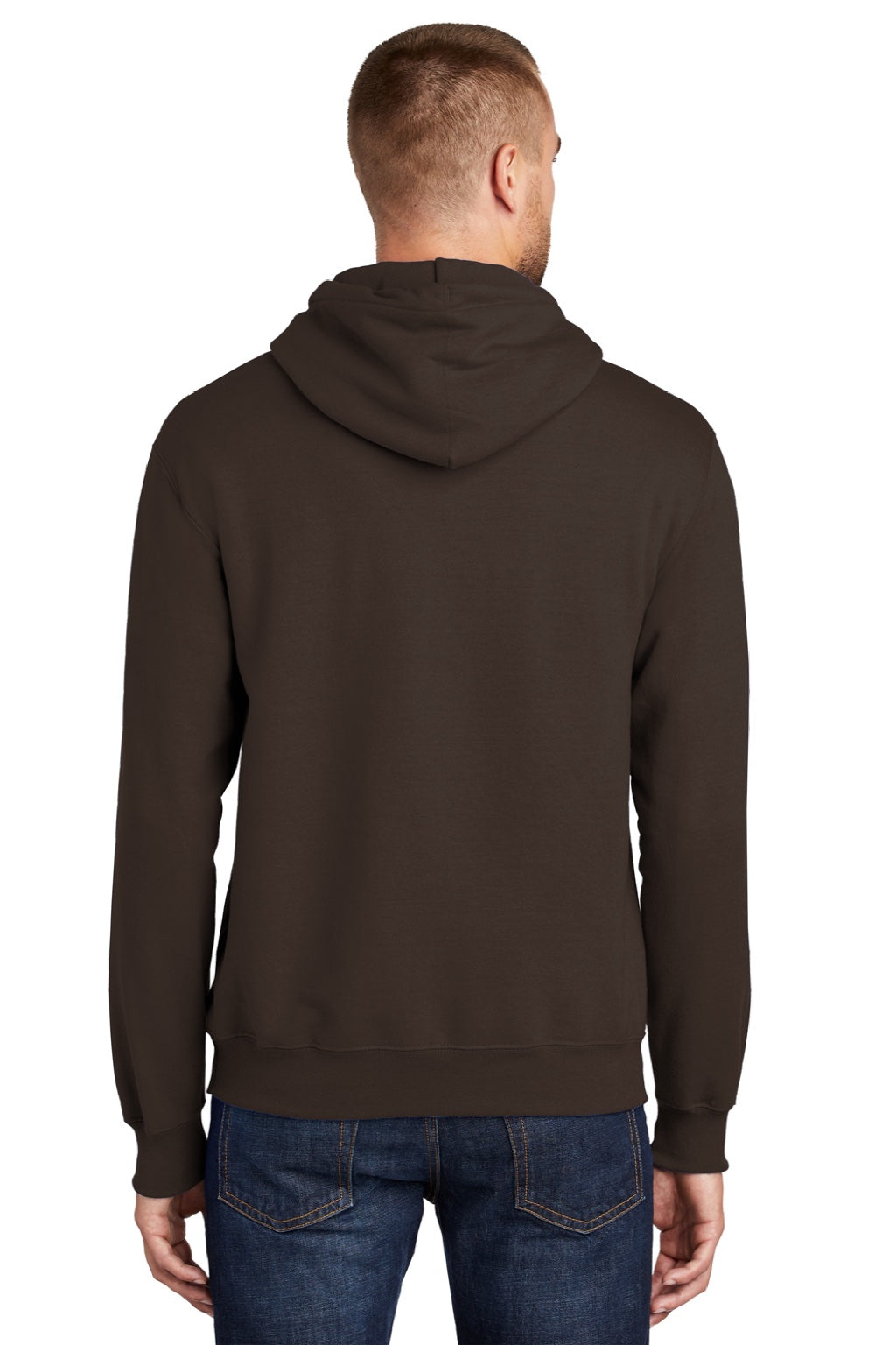 Port & Company PC90H/PC90HT Mens Essential Pill Resistant Fleece Hooded Sweatshirt Hoodie w/ Pouch Pocket Dark Chocolate Brown Model Back