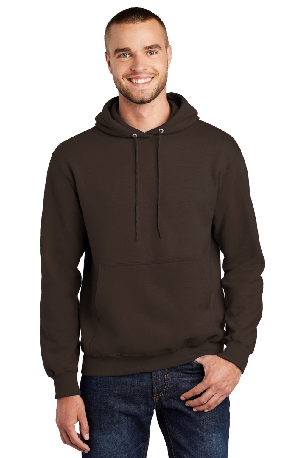 Port & Company PC90H/PC90HT Mens Essential Pill Resistant Fleece Hooded Sweatshirt Hoodie w/ Pouch Pocket Dark Chocolate Brown Model Front