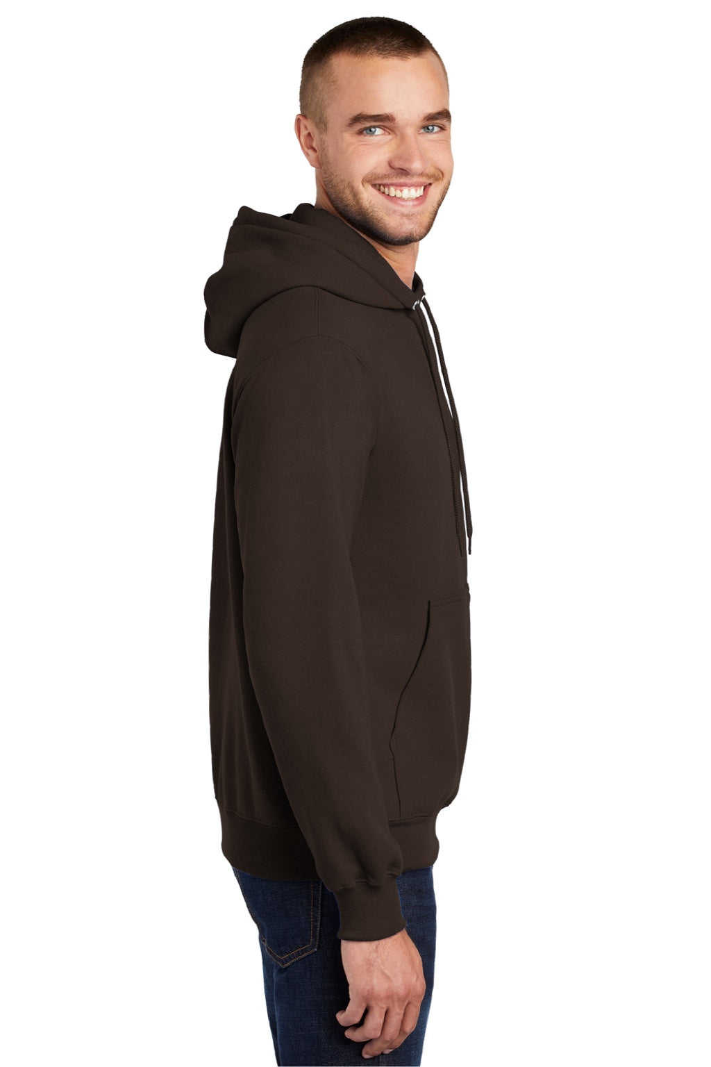 Port & Company PC90H/PC90HT Mens Essential Pill Resistant Fleece Hooded Sweatshirt Hoodie w/ Pouch Pocket Dark Chocolate Brown Model Side