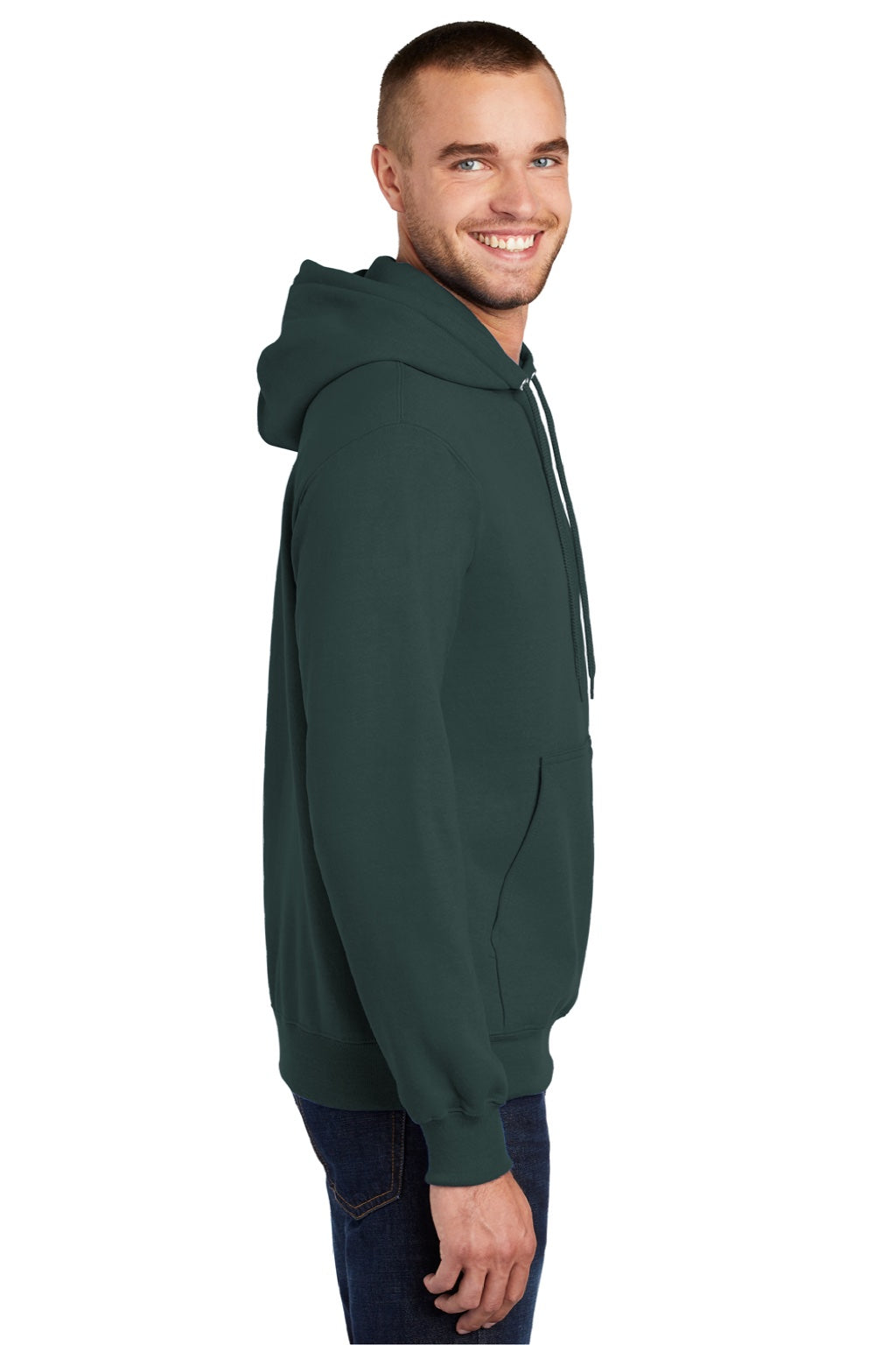 Port & Company PC90H/PC90HT Mens Essential Pill Resistant Fleece Hooded Sweatshirt Hoodie w/ Pouch Pocket Dark Green Model Side