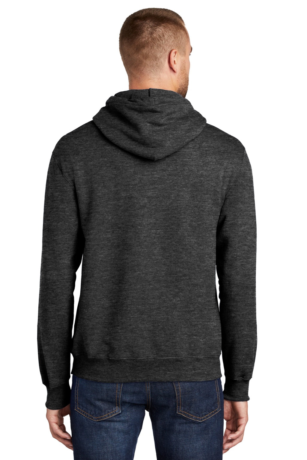 Port & Company PC90H/PC90HT Mens Essential Pill Resistant Fleece Hooded Sweatshirt Hoodie w/ Pouch Pocket Heather Dark Grey Model Back