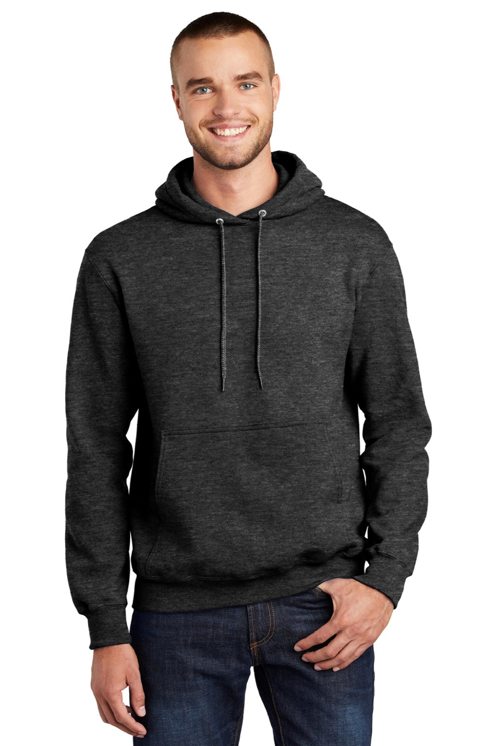 Port & Company PC90H/PC90HT Mens Essential Pill Resistant Fleece Hooded Sweatshirt Hoodie w/ Pouch Pocket Heather Dark Grey Model Front