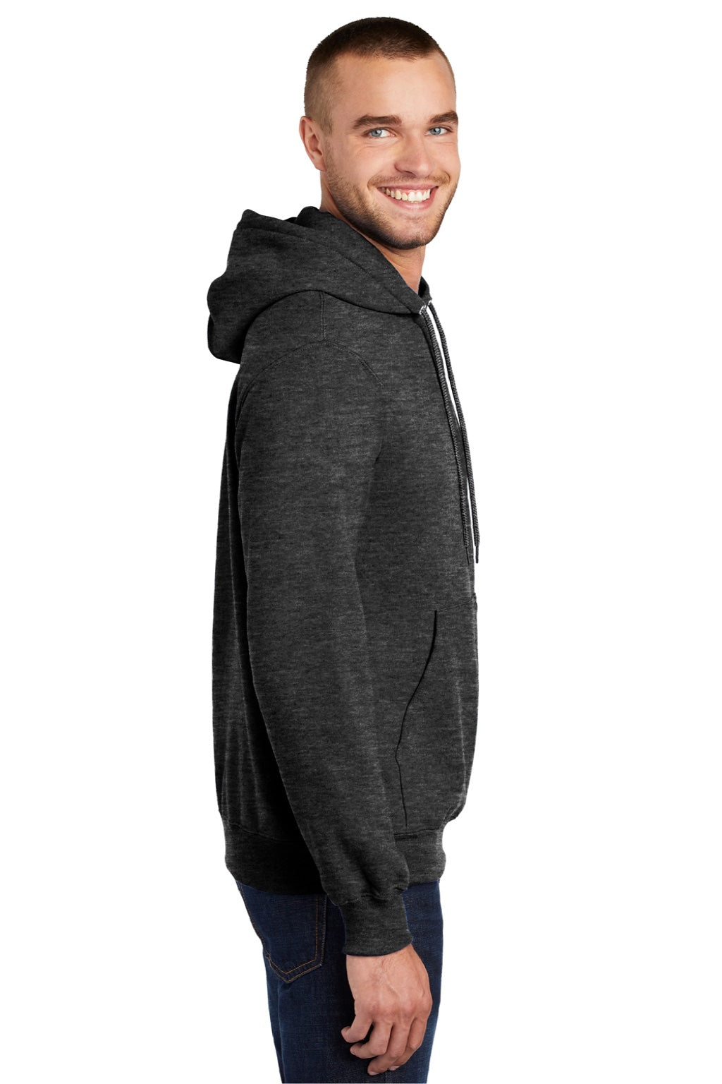 Port & Company PC90H/PC90HT Mens Essential Pill Resistant Fleece Hooded Sweatshirt Hoodie w/ Pouch Pocket Heather Dark Grey Model Side