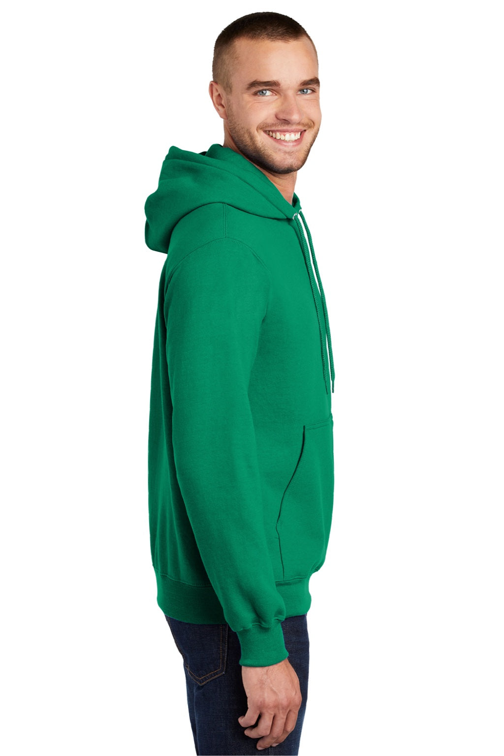 Port & Company PC90H/PC90HT Mens Essential Pill Resistant Fleece Hooded Sweatshirt Hoodie w/ Pouch Pocket Kelly Green Model Side