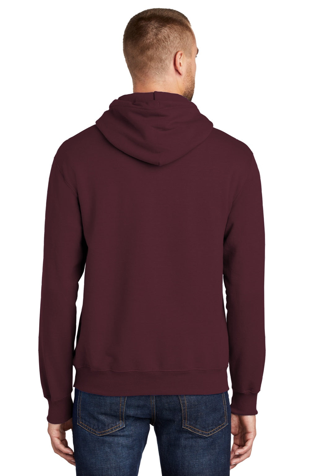 Port & Company PC90H/PC90HT Mens Essential Pill Resistant Fleece Hooded Sweatshirt Hoodie w/ Pouch Pocket Maroon Model Back