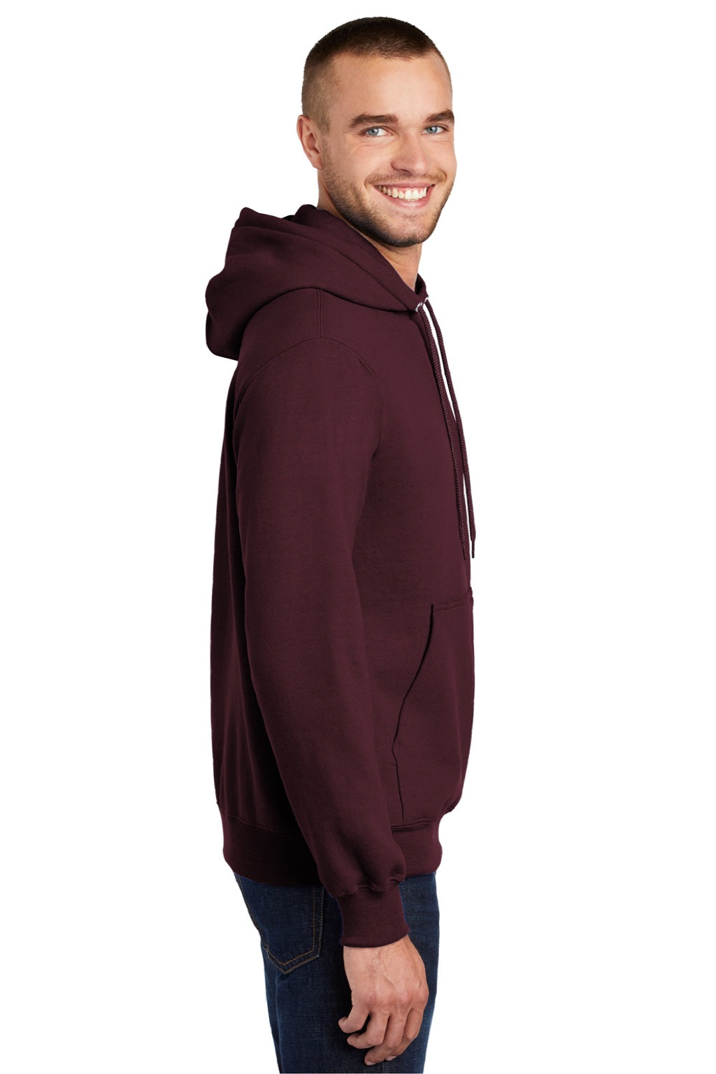 Port & Company PC90H/PC90HT Mens Essential Pill Resistant Fleece Hooded Sweatshirt Hoodie w/ Pouch Pocket Maroon Model Side