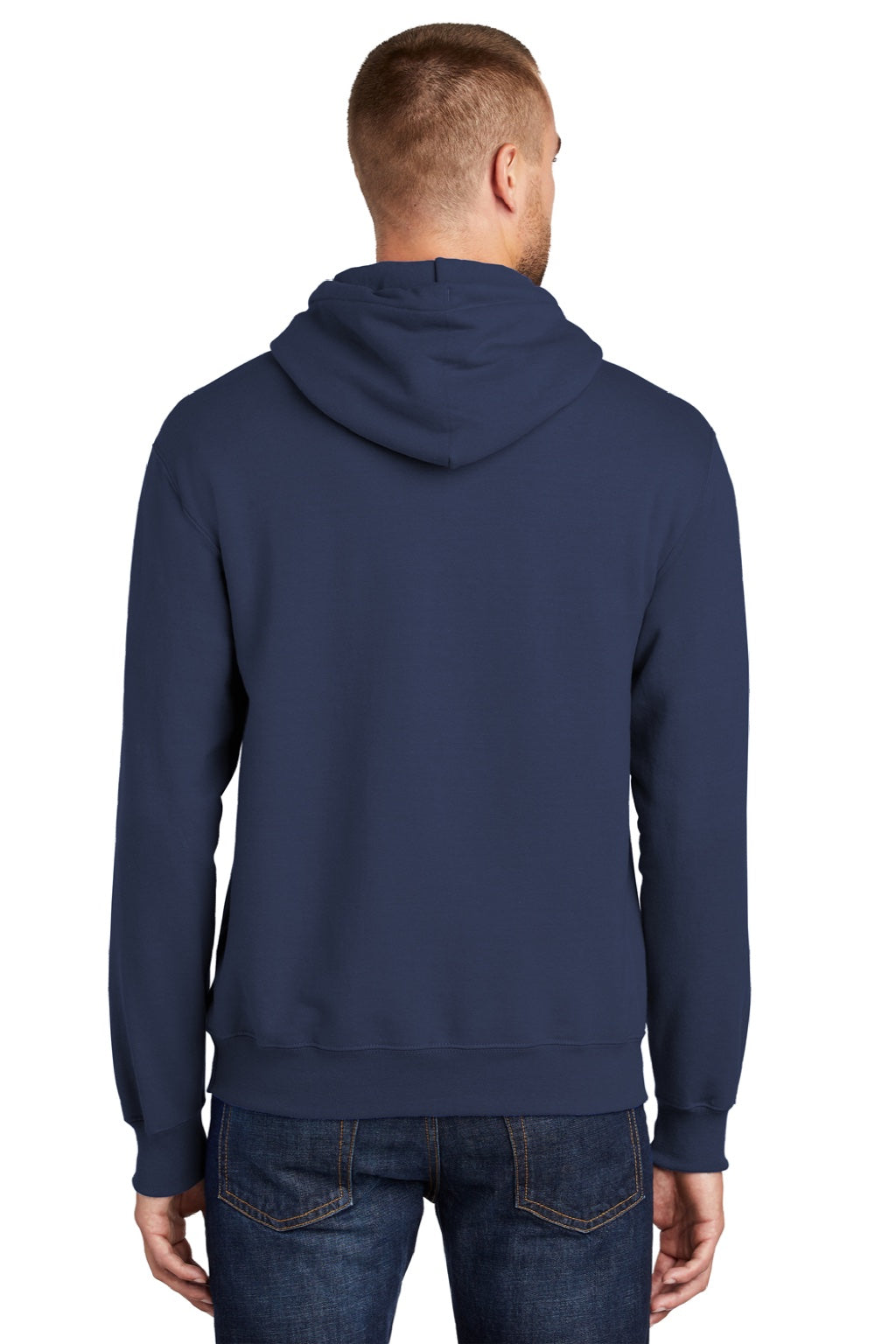 Port & Company PC90H/PC90HT Mens Essential Pill Resistant Fleece Hooded Sweatshirt Hoodie w/ Pouch Pocket Navy Blue Model Back
