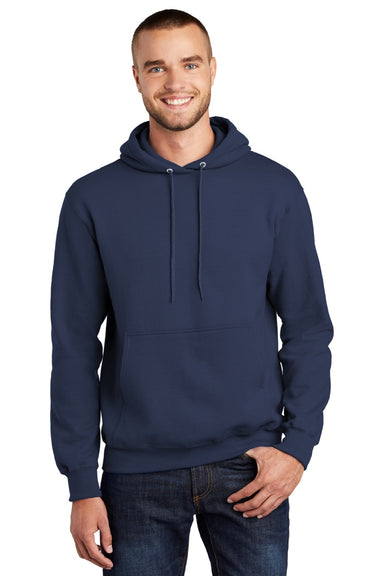 Port & Company PC90H/PC90HT Mens Essential Pill Resistant Fleece Hooded Sweatshirt Hoodie w/ Pouch Pocket Navy Blue Model Front