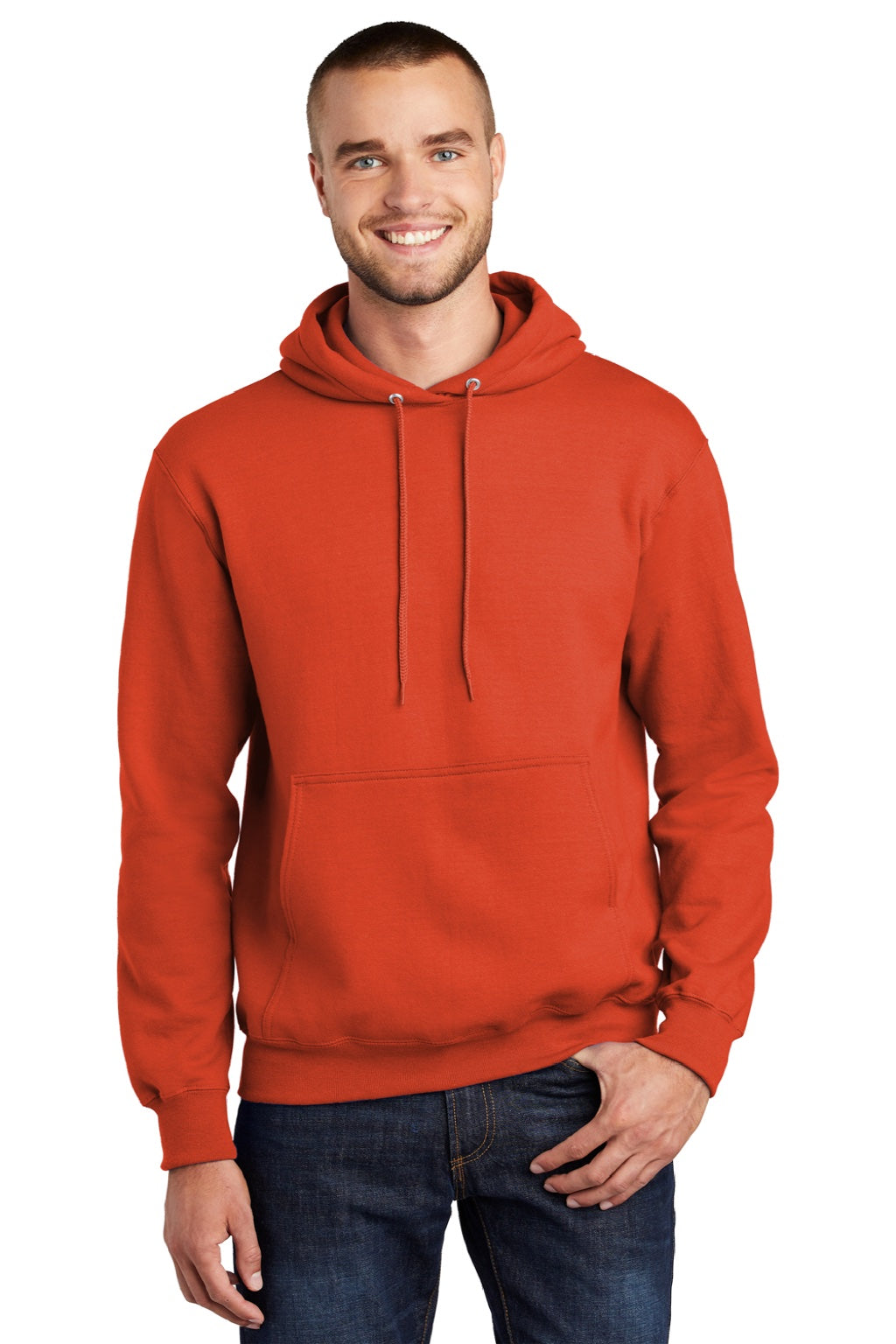 Port & Company PC90H/PC90HT Mens Essential Pill Resistant Fleece Hooded Sweatshirt Hoodie w/ Pouch Pocket Orange Model Front
