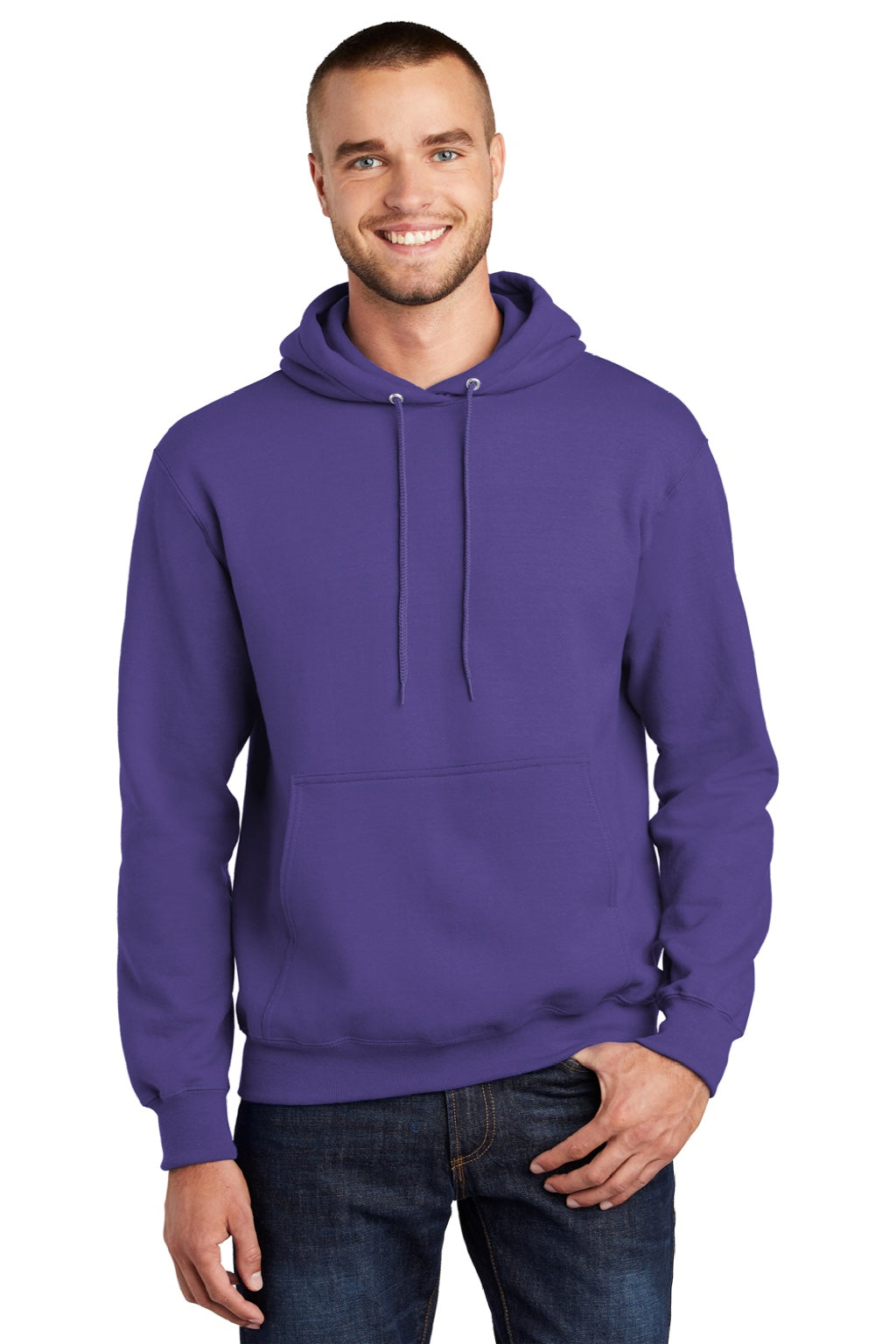 Port & Company PC90H/PC90HT Mens Essential Pill Resistant Fleece Hooded Sweatshirt Hoodie w/ Pouch Pocket Purple Model Front