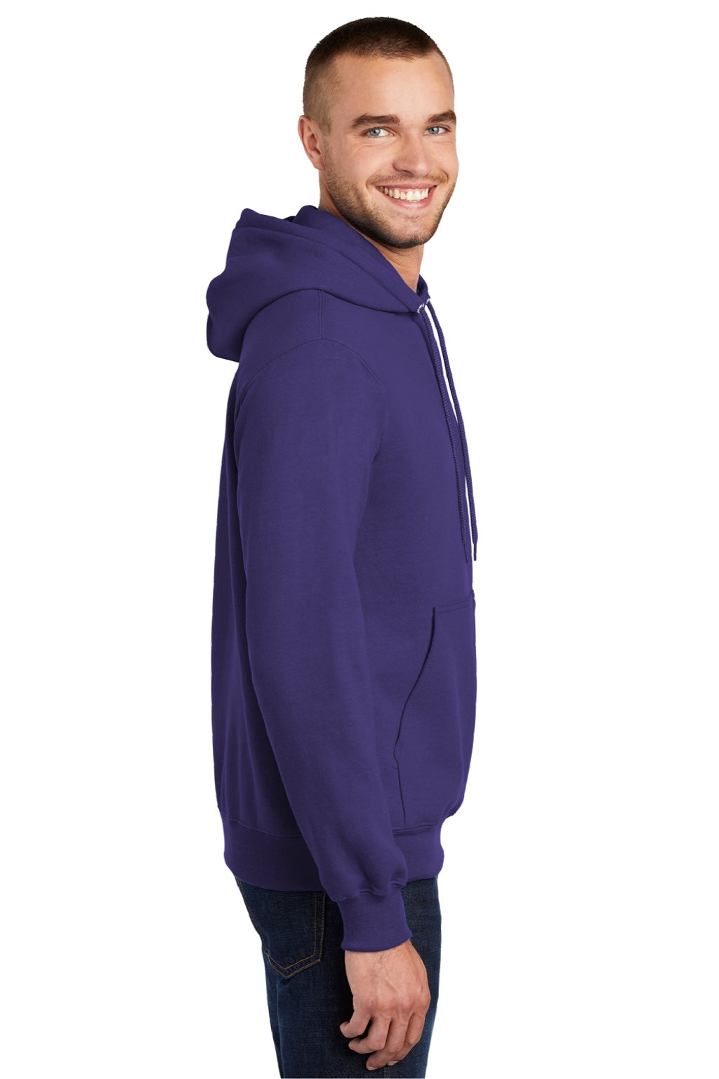 Port & Company PC90H/PC90HT Mens Essential Pill Resistant Fleece Hooded Sweatshirt Hoodie w/ Pouch Pocket Purple Model Side