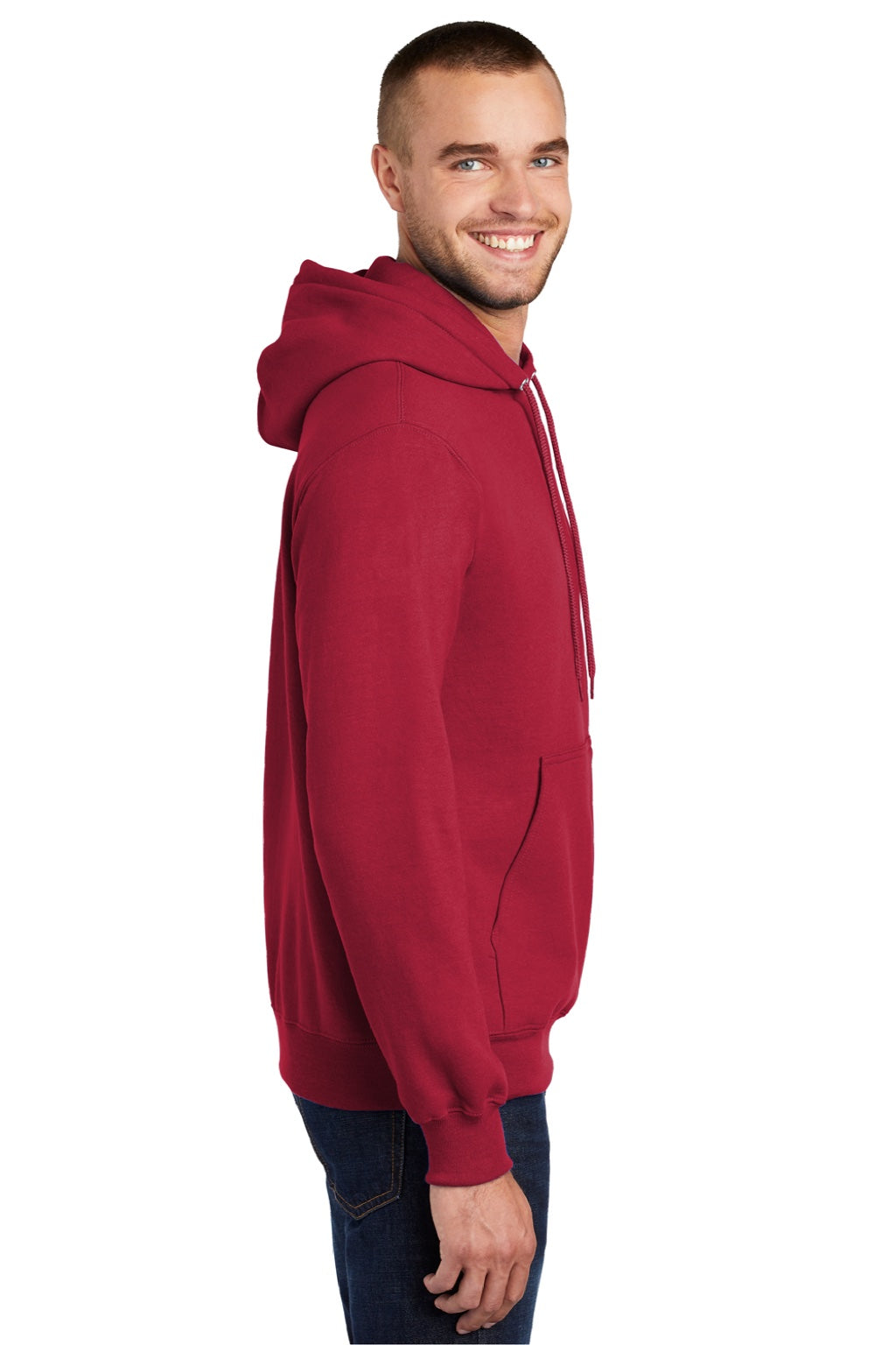 Port & Company PC90H/PC90HT Mens Essential Pill Resistant Fleece Hooded Sweatshirt Hoodie w/ Pouch Pocket Red Model Side