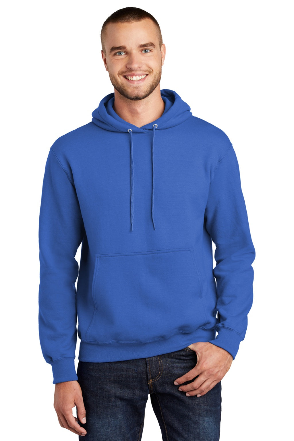 Port & Company PC90H/PC90HT Mens Essential Pill Resistant Fleece Hooded Sweatshirt Hoodie w/ Pouch Pocket Royal Blue Model Front