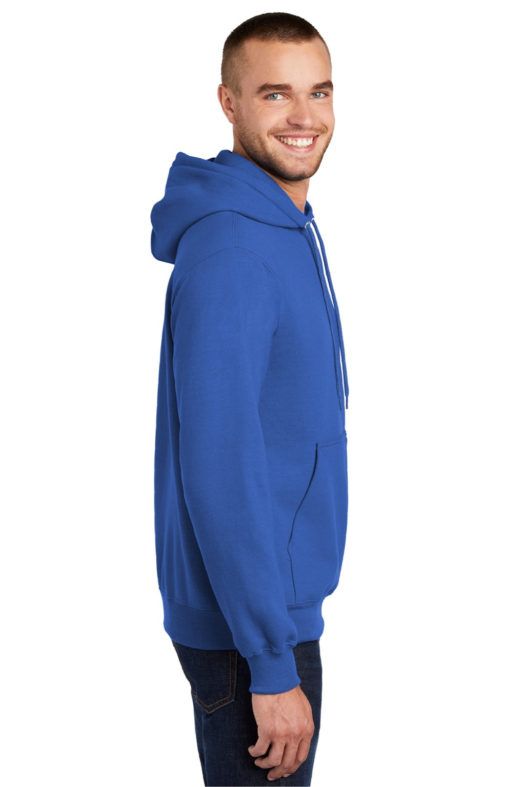 Port & Company PC90H/PC90HT Mens Essential Pill Resistant Fleece Hooded Sweatshirt Hoodie w/ Pouch Pocket Royal Blue Model Side