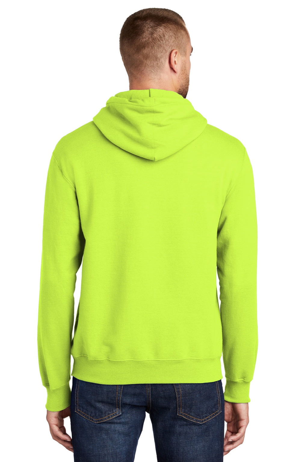 Port & Company PC90H/PC90HT Mens Essential Pill Resistant Fleece Hooded Sweatshirt Hoodie w/ Pouch Pocket Safety Green Model Back