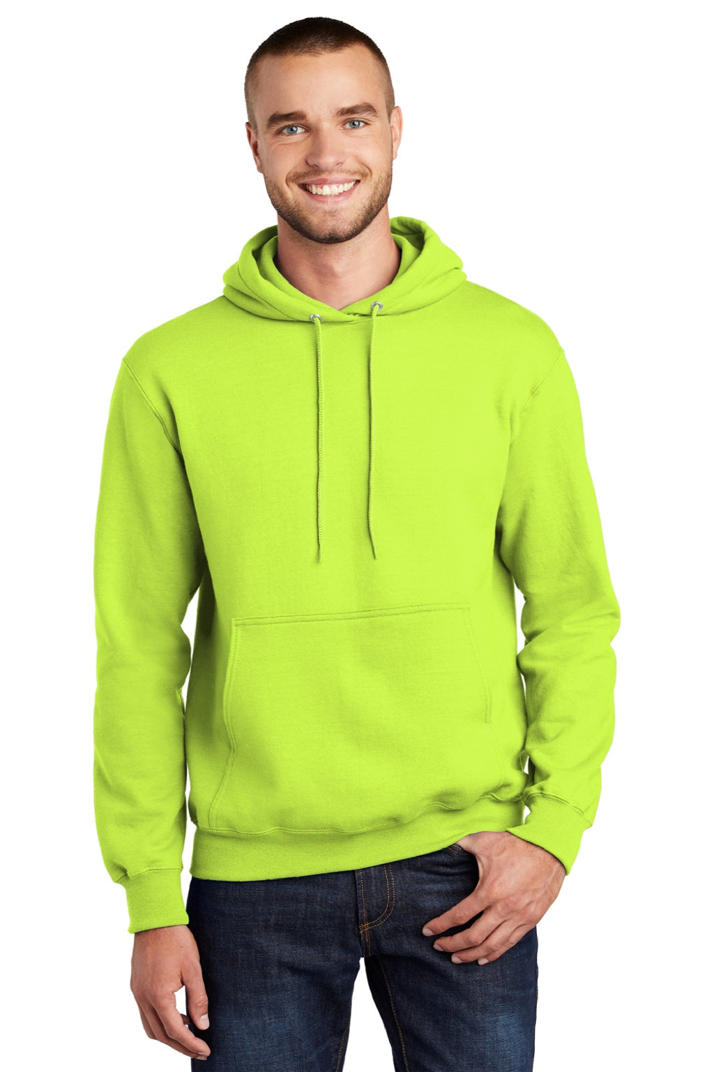 Port & Company PC90H/PC90HT Mens Essential Pill Resistant Fleece Hooded Sweatshirt Hoodie w/ Pouch Pocket Safety Green Model Front