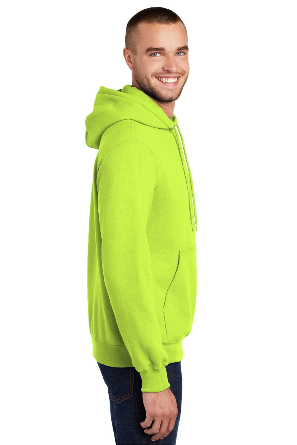 Port & Company PC90H/PC90HT Mens Essential Pill Resistant Fleece Hooded Sweatshirt Hoodie w/ Pouch Pocket Safety Green Model Side