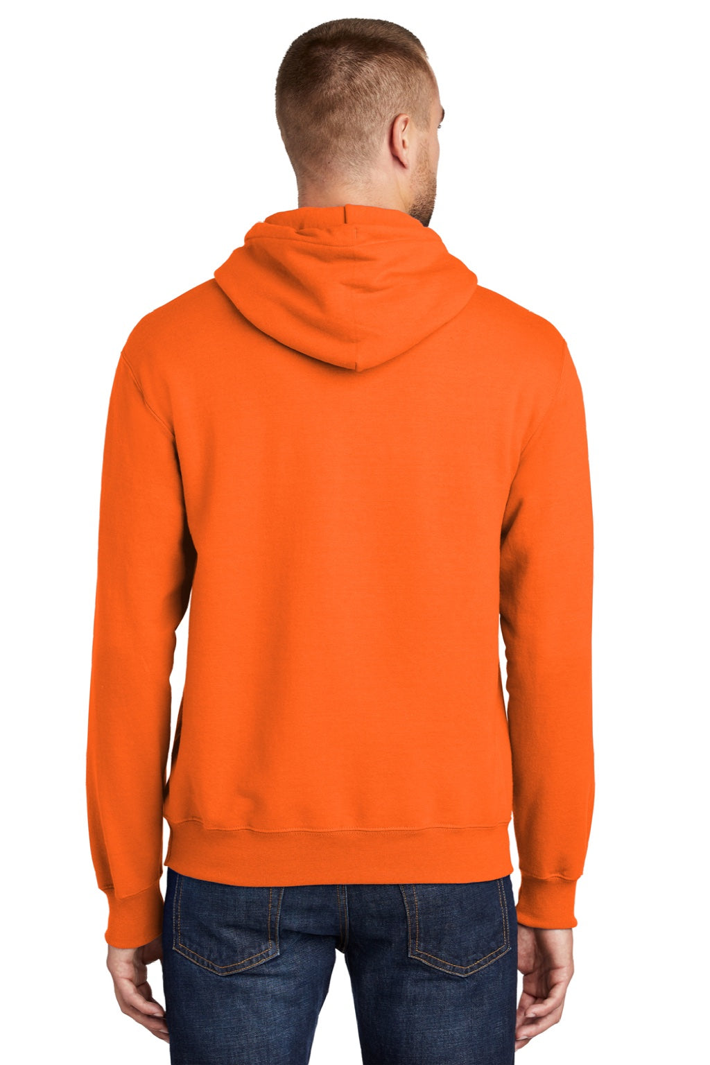 Port & Company PC90H/PC90HT Mens Essential Pill Resistant Fleece Hooded Sweatshirt Hoodie w/ Pouch Pocket Safety Orange Model Back
