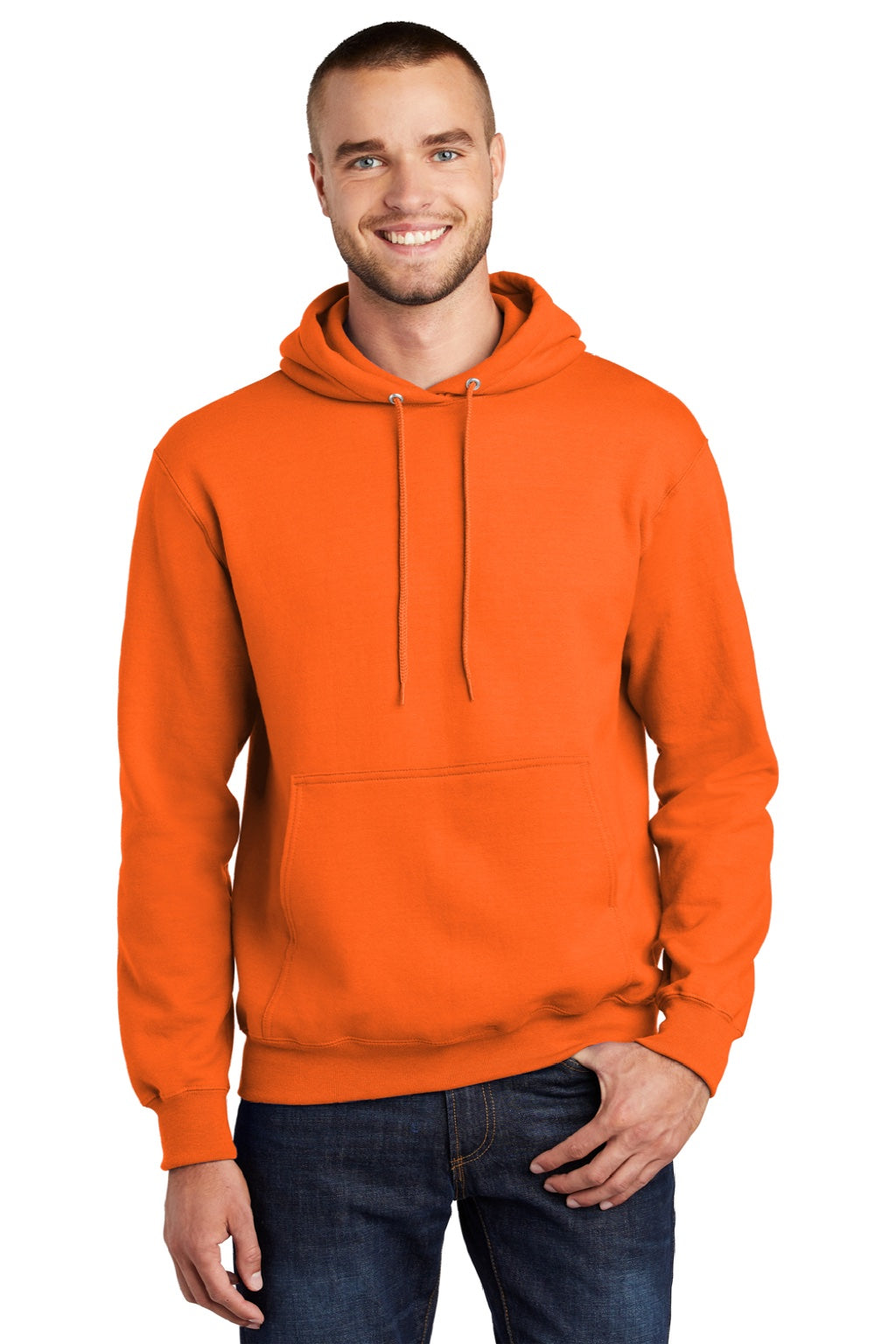 Port & Company PC90H/PC90HT Mens Essential Pill Resistant Fleece Hooded Sweatshirt Hoodie w/ Pouch Pocket Safety Orange Model Front