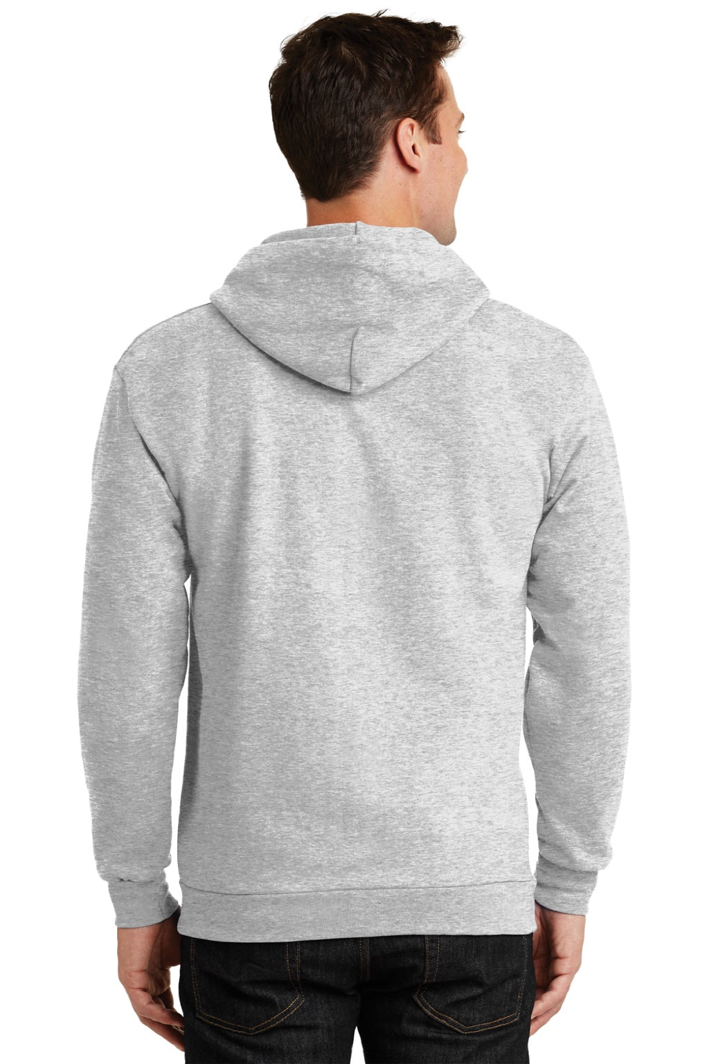 Port & Company PC90ZH/PC90ZHT Mens Essential Pill Resistant Fleece Full Zip Hooded Sweatshirt Hoodie w/ Pockets Ash Grey Model Back