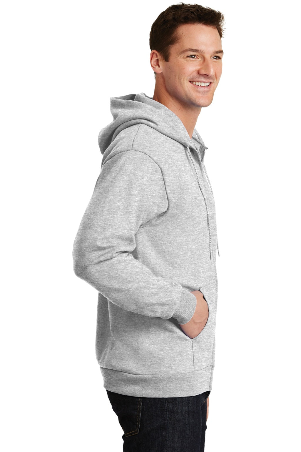 Port & Company PC90ZH/PC90ZHT Mens Essential Pill Resistant Fleece Full Zip Hooded Sweatshirt Hoodie w/ Pockets Ash Grey Model Side