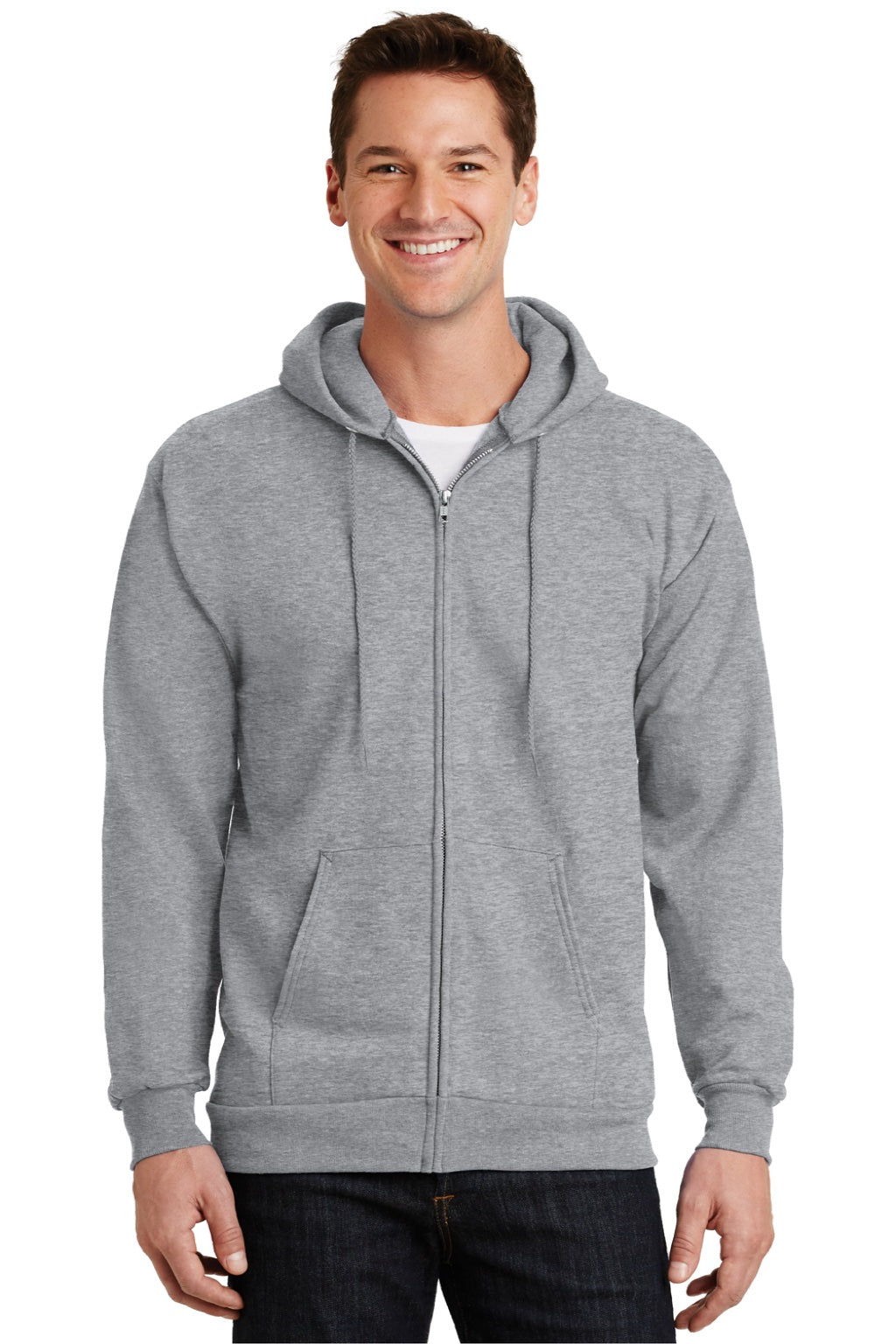 Port & Company PC90ZH/PC90ZHT Mens Essential Pill Resistant Fleece Full Zip Hooded Sweatshirt Hoodie w/ Pockets Heather Grey Model Front
