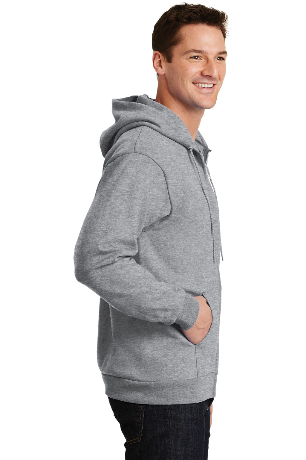 Port & Company PC90ZH/PC90ZHT Mens Essential Pill Resistant Fleece Full Zip Hooded Sweatshirt Hoodie w/ Pockets Heather Grey Model Side