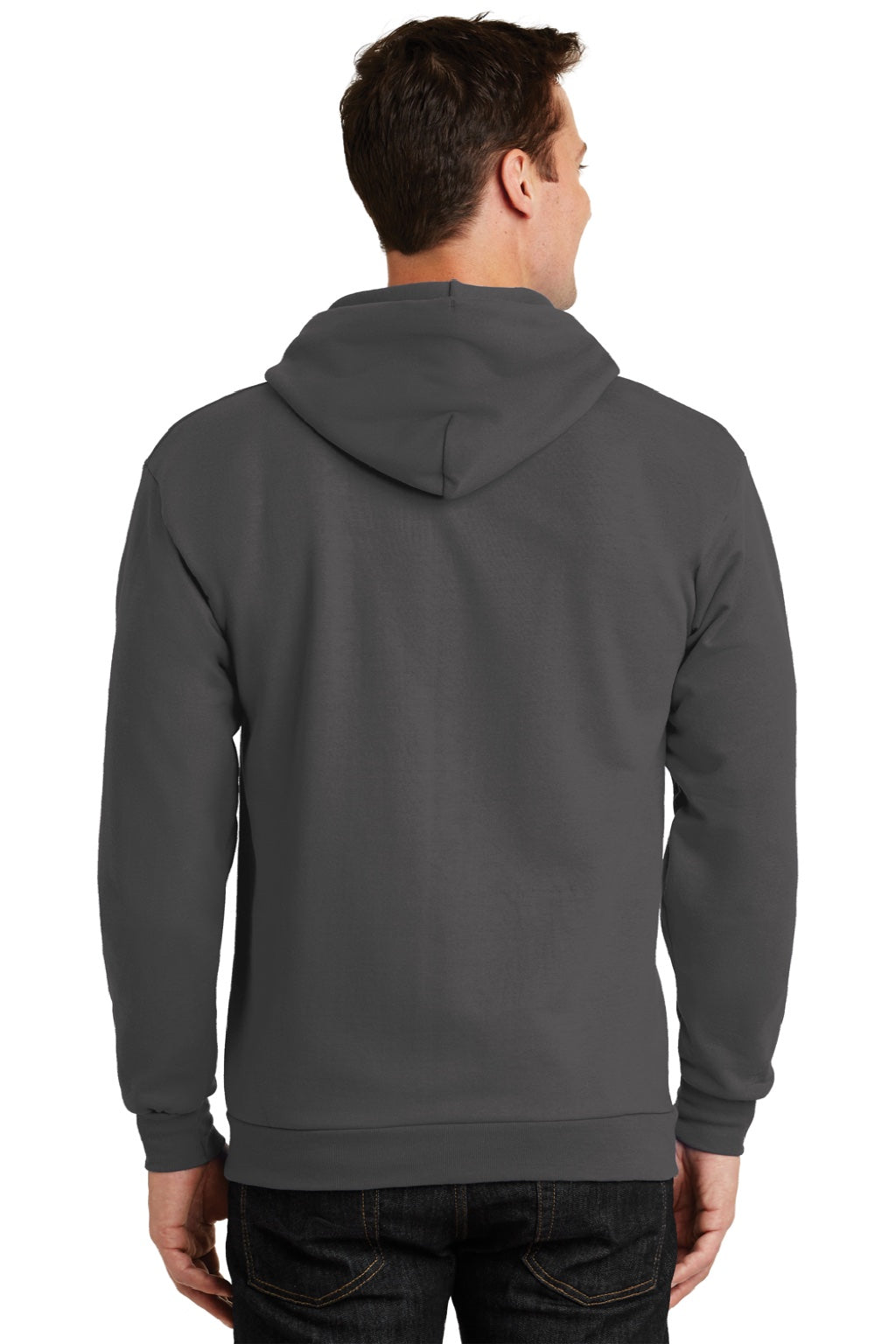 Port & Company PC90ZH/PC90ZHT Mens Essential Pill Resistant Fleece Full Zip Hooded Sweatshirt Hoodie w/ Pockets Charcoal Grey Model Back