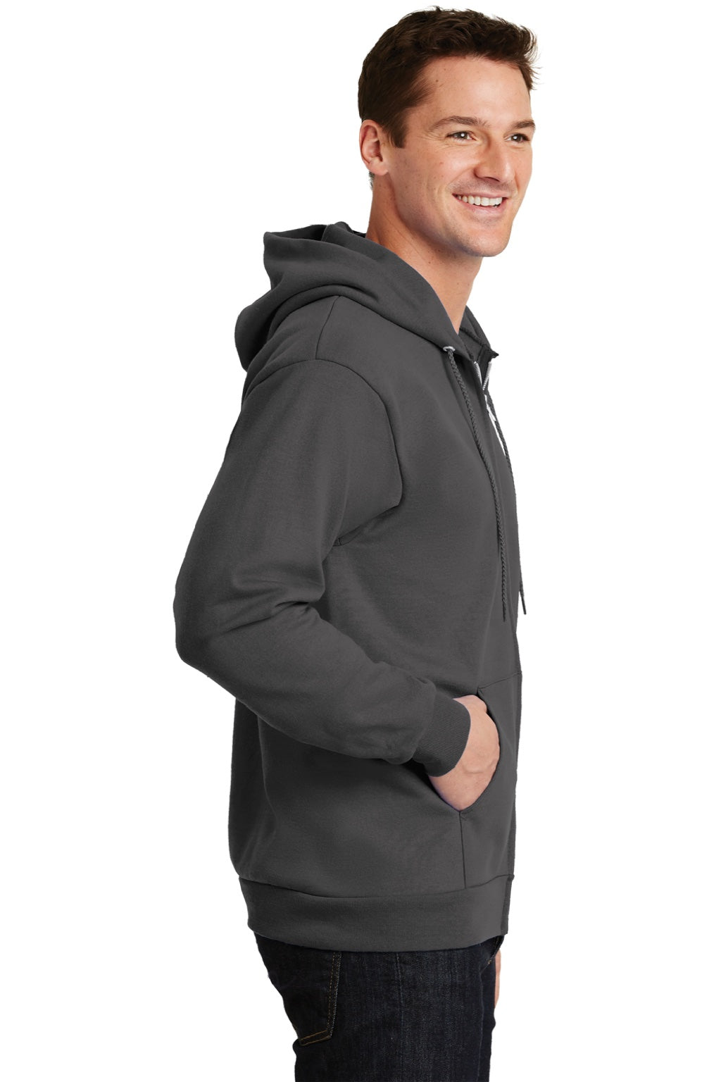Port & Company PC90ZH/PC90ZHT Mens Essential Pill Resistant Fleece Full Zip Hooded Sweatshirt Hoodie w/ Pockets Charcoal Grey Model Side